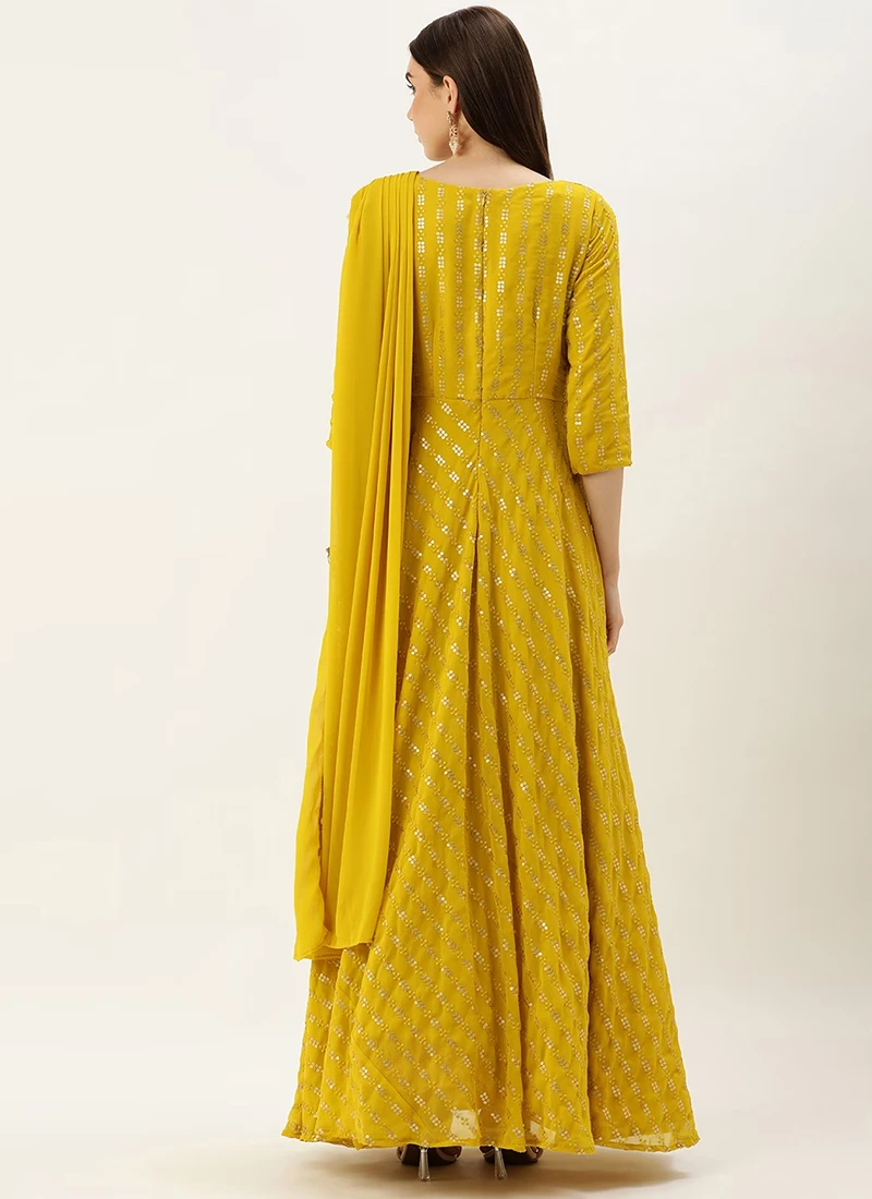 Mustard Embroidered Dupatta Draped Style Gown Wedding Wear 4 Mustard Embroidered Dupatta Draped Style Gown Wedding Wear - Image 4