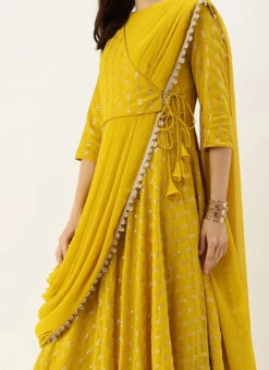 Mustard Embroidered Dupatta Draped Style Gown Wedding Wear