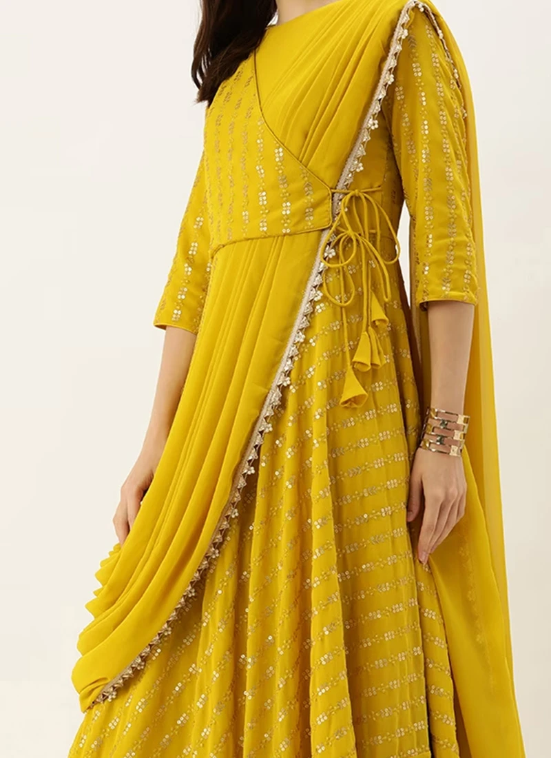 Mustard Embroidered Dupatta Draped Style Gown Wedding Wear 1 Mustard Embroidered Dupatta Draped Style Gown Wedding Wear