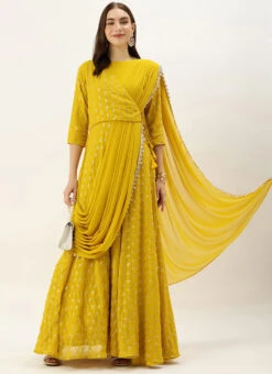 Mustard Embroidered Dupatta Draped Style Gown Wedding Wear 10 Mustard Embroidered Dupatta Draped Style Gown Wedding Wear -C Bazaar Shop Mustard Embroidered Dupatta Draped Style Gown IWBS02307668 u