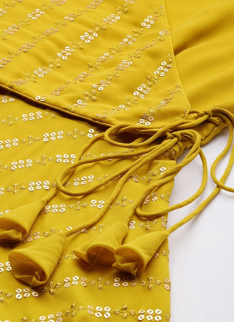 Mustard Embroidered Dupatta Draped Style Gown Wedding Wear 5 Mustard Embroidered Dupatta Draped Style Gown Wedding Wear - Image 5