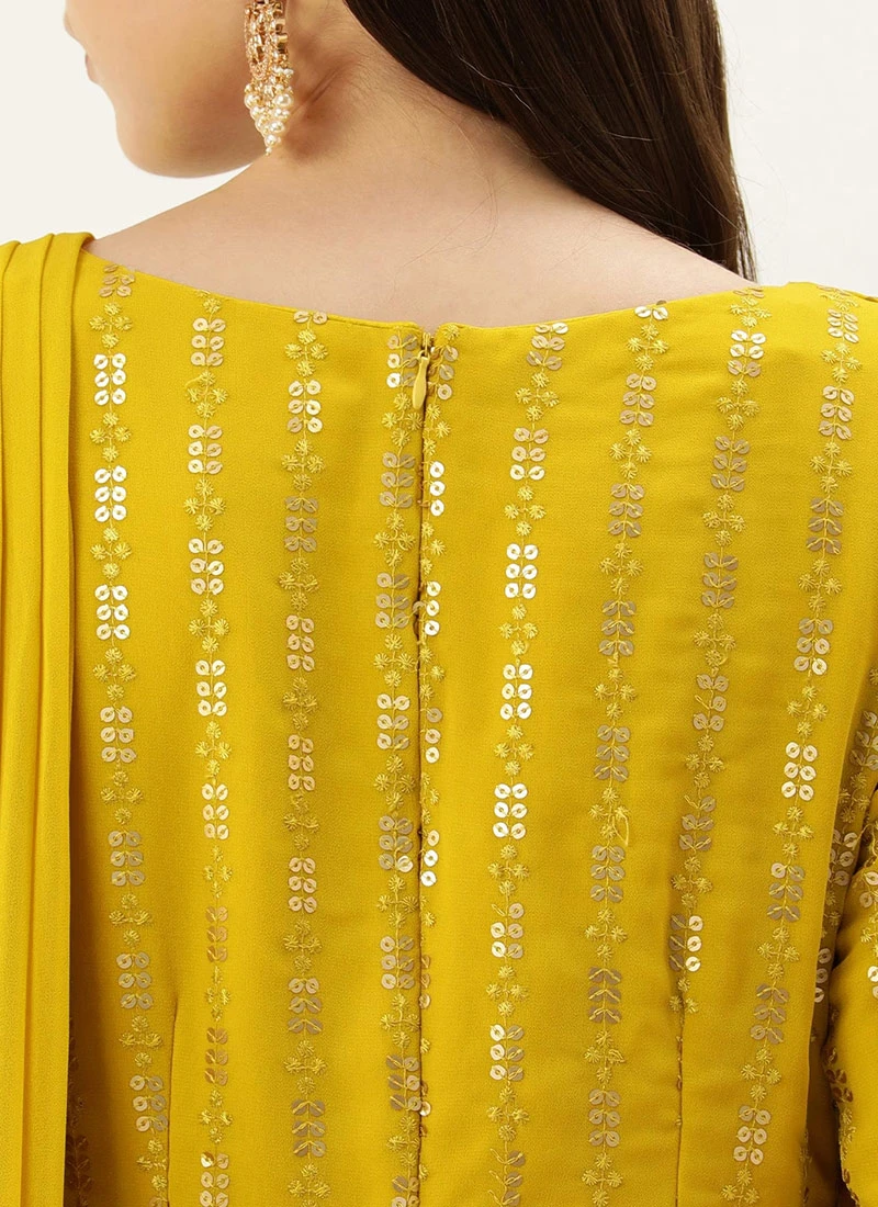 Mustard Embroidered Dupatta Draped Style Gown Wedding Wear 6 Mustard Embroidered Dupatta Draped Style Gown Wedding Wear - Image 6