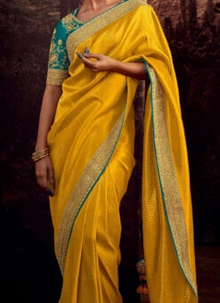 Mustard Faux Crepe Embroidered Saree Party Wear