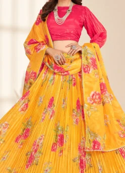Mustard Organza Digital Print Umbrella Lehenga Festive Wear