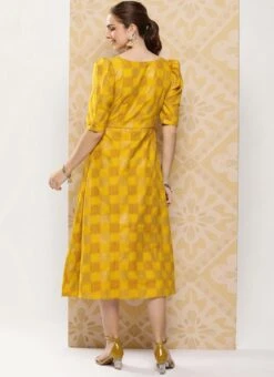 Mustard Rayon Printed A-Line Dress After Six Wear -C Bazaar Shop Mustard Rayon Printed A Line Dress DRBS02302195 b