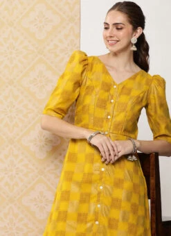 Mustard Rayon Printed A-Line Dress After Six Wear -C Bazaar Shop Mustard Rayon Printed A Line Dress DRBS02302195 rrc3