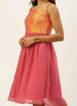 Mustard Taffeta Jacquard N Pink Dress Festive Wear
