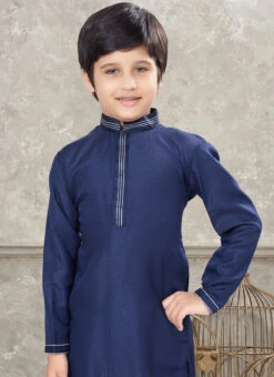 Navy Blue Art Silk Kids Boys Kurta Pyjama Party Wear -C Bazaar Shop Navy Blue Art Silk Kids Boys Kurta Pyjama KDBMSGR756 b