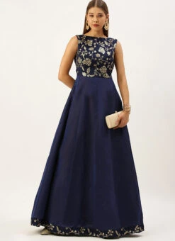 Navy Blue Embroidered Kali Style Gown Festive Wear -C Bazaar Shop Navy Blue Embroidered Kali Style Gown IWBS02203495 u