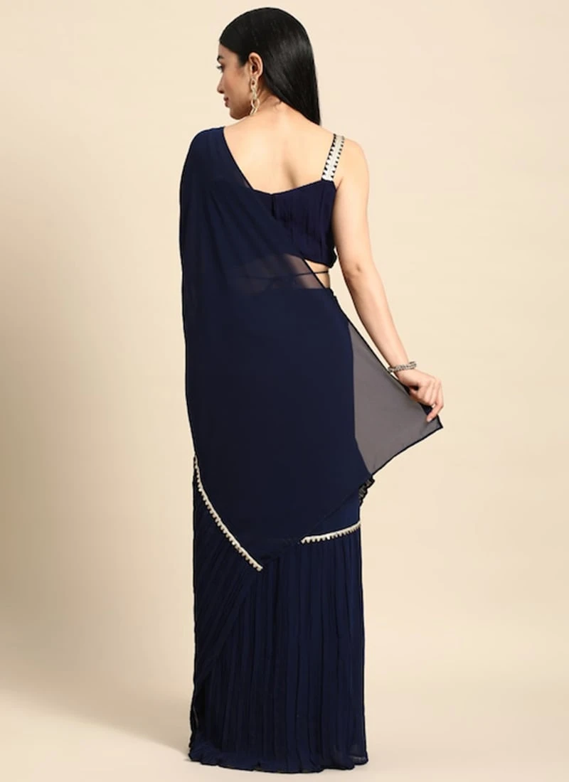 Navy Blue Georgette Pleated Ruffle Saree Festive Wear 4 Navy Blue Georgette Pleated Ruffle Saree Festive Wear - Image 4