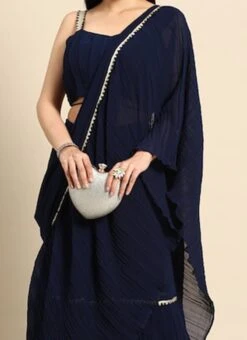 Navy Blue Georgette Pleated Ruffle Saree Festive Wear