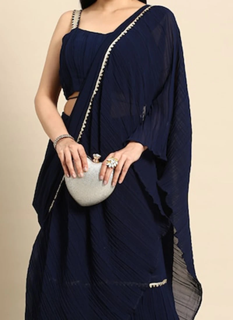 Navy Blue Georgette Pleated Ruffle Saree Festive Wear 1 Navy Blue Georgette Pleated Ruffle Saree Festive Wear