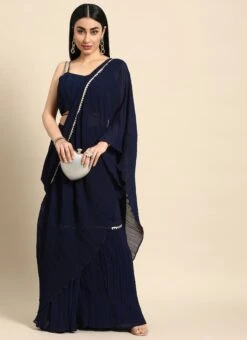 Navy Blue Georgette Pleated Ruffle Saree Festive Wear 10 Navy Blue Georgette Pleated Ruffle Saree Festive Wear -C Bazaar Shop Navy Blue Georgette Pleated Ruffle Saree SABS02301092 u