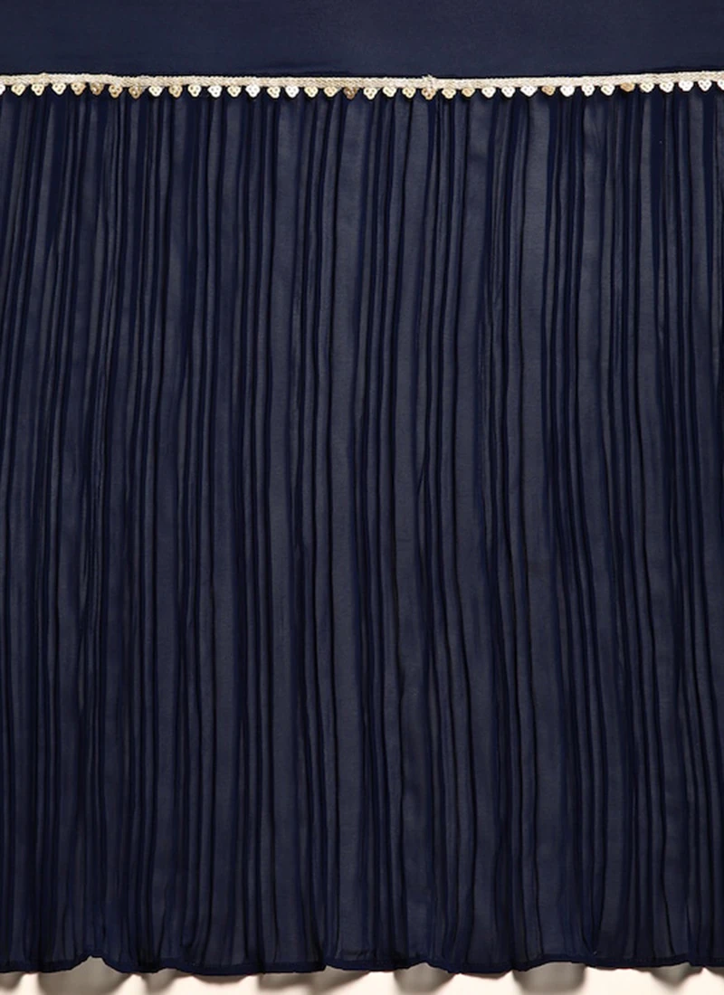 Navy Blue Georgette Pleated Ruffle Saree Festive Wear 6 Navy Blue Georgette Pleated Ruffle Saree Festive Wear - Image 6