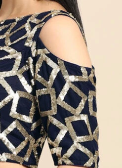 Navy Blue Sequins Net Cold Shoulder Blouse Festive Wear -C Bazaar Shop Navy Blue Sequins Net Cold Shoulder Blouse BLBS02303764 rrc3