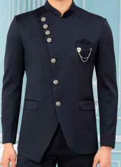 Navy Blue Terry Rayon Bandhgala Jacket