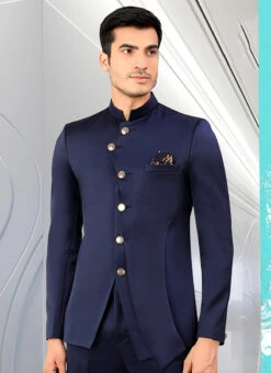 Navy Blue Terry Rayon Satin Bandhgala Jacket 5 Navy Blue Terry Rayon Satin Bandhgala Jacket -C Bazaar Shop Navy Blue Terry Rayon Satin Bandhgala Jacket JMKMDC3734NB b