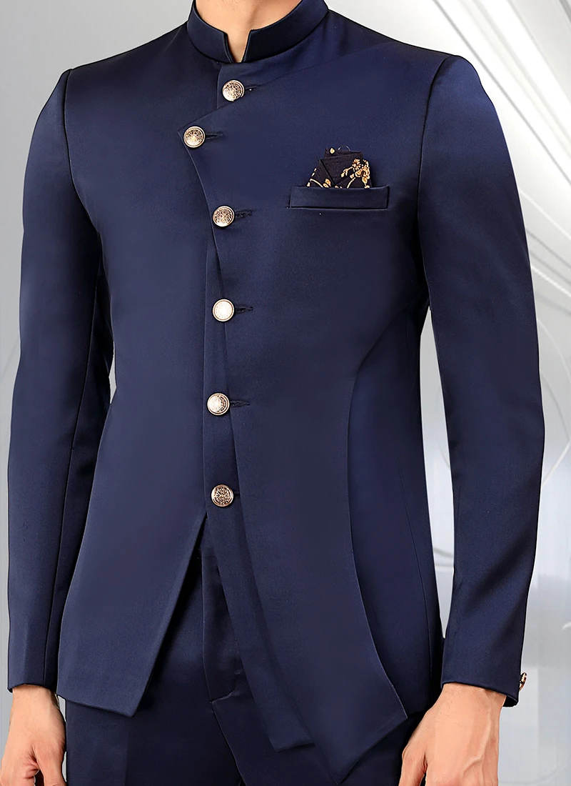 Navy Blue Terry Rayon Satin Bandhgala Jacket 1 Navy Blue Terry Rayon Satin Bandhgala Jacket