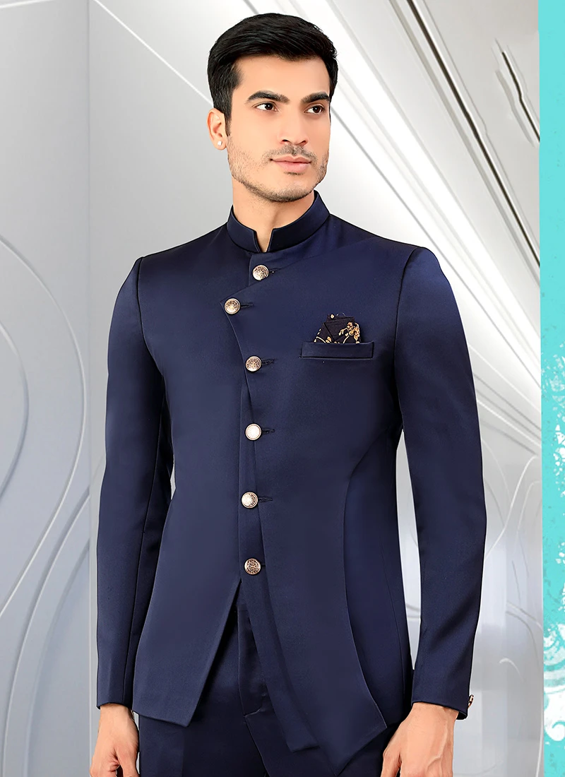 Navy Blue Terry Rayon Satin Bandhgala Jacket 2 Navy Blue Terry Rayon Satin Bandhgala Jacket - Image 2