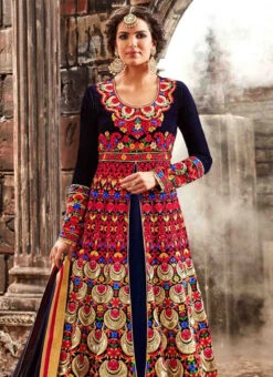 Navy Blue Velvet Center Slit Anarkali Suit Wedding Wear -C Bazaar Shop Navy Blue Velvet Center Slit Anarkali Suit SLSCCH3771 b