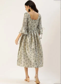 Off White Art Silk Gathered Flare Dress Festive Wear -C Bazaar Shop Off White Art Silk Gathered Flare Dress DRBS02204729 b