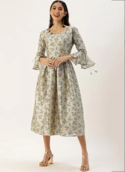 Off White Art Silk Gathered Flare Dress Festive Wear -C Bazaar Shop Off White Art Silk Gathered Flare Dress DRBS02204729 u