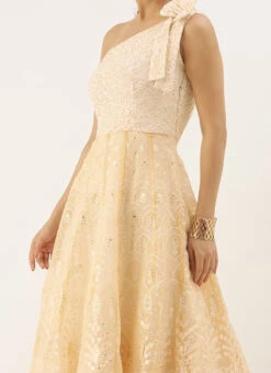 Off White Embroidered Kali Style One Shoulder Gown Party Wear