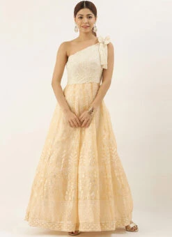 Off White Embroidered Kali Style One Shoulder Gown Party Wear -C Bazaar Shop Off White Embroidered Kali Style One Shoulder Gown IWBS02007375 u