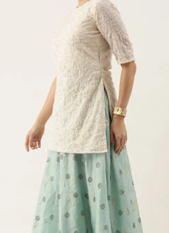 Off White Embroidered Long Blouse Lehenga Festive Wear