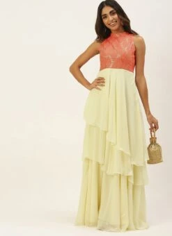 Off White N Peach Georgette Embroidered Gown Festive Wear -C Bazaar Shop Off White N Peach Georgette Embroidered Gown IWBS02206269 u