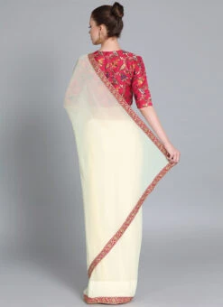 Off White N Red Pink Closed Neck Style Saree Set Festive Wear Party Wear -C Bazaar Shop Off White N Red Pink Closed Neck Style Saree Set SABS01911697 b