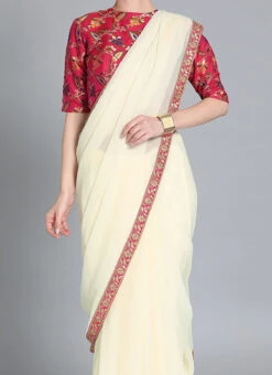 Off White N Red Pink Closed Neck Style Saree Set Festive Wear Party Wear