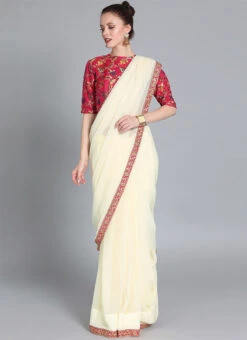 Off White N Red Pink Closed Neck Style Saree Set Festive Wear Party Wear -C Bazaar Shop Off White N Red Pink Closed Neck Style Saree Set SABS01911697 u