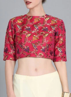 Off White N Red Pink Closed Neck Style Saree Set Festive Wear Party Wear -C Bazaar Shop Off White N Red Pink Closed Neck Style Saree Set SABS01911697 rrc1