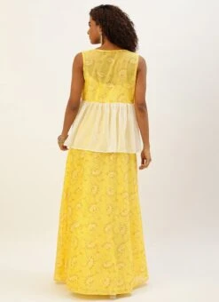 Off White N Yellow Foil Printed Gown Festive Wear -C Bazaar Shop Off White N Yellow Foil Printed Gown IWBS02209689 b 1