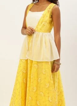 Off White N Yellow Foil Printed Gown Festive Wear