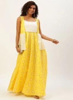 Jacket From Off White N Yellow Foil Printed Gown -C Bazaar Shop Off White N Yellow Foil Printed Gown IWBS02209689 u