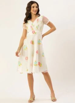 Off White Pleated Yoke Organza Dress After Six Wear -C Bazaar Shop Off White Pleated Yoke Organza Dress DRBS02110893 u