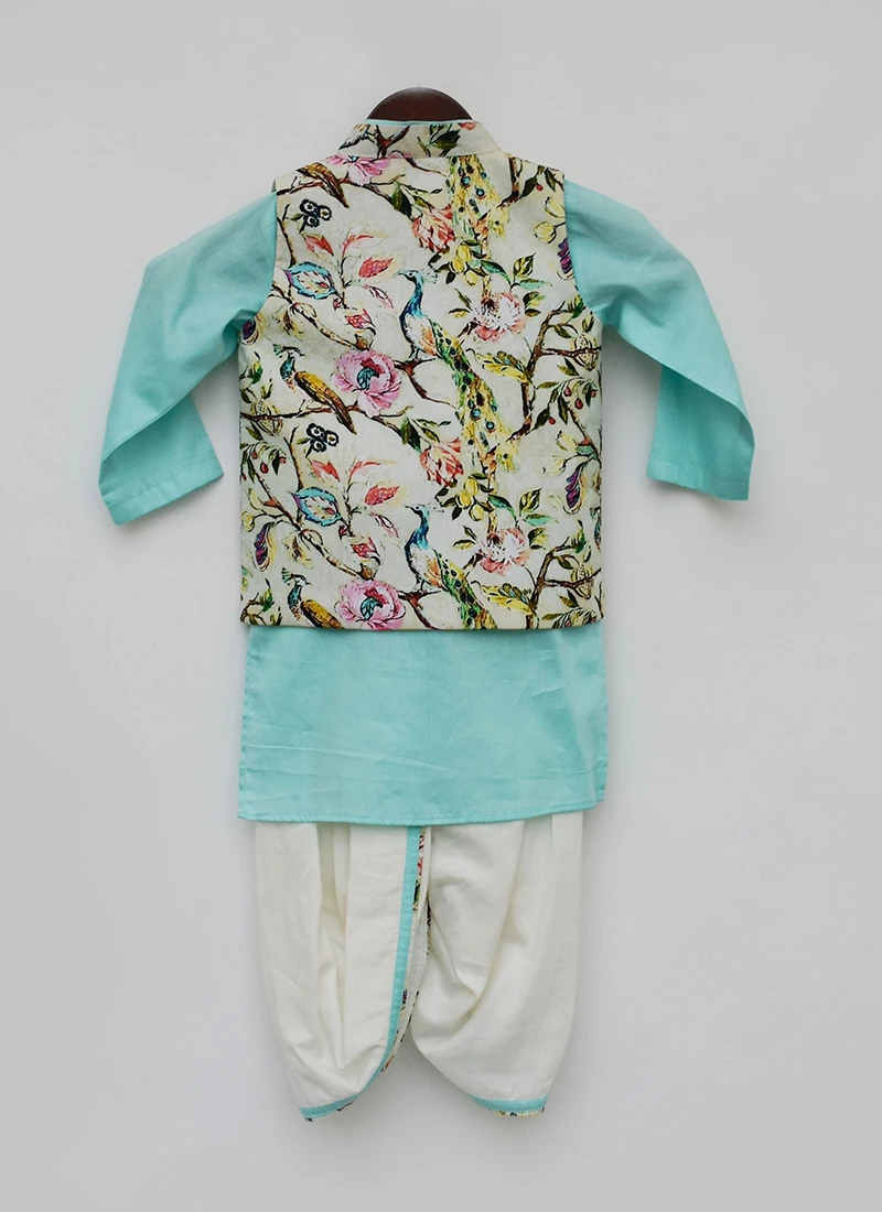 Off White Print Jacket With Aqua Blue Kurta And Dh 3 Off White Print Jacket With Aqua Blue Kurta And Dh - Image 3