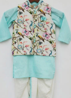 Off White Print Jacket With Aqua Blue Kurta And Dh