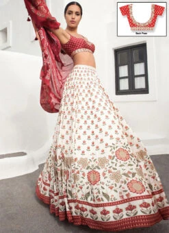 Off White Silk Printed Umbrella Lehenga Party Wear -C Bazaar Shop Off White Silk Printed Umbrella Lehenga GHSAJ1001 u