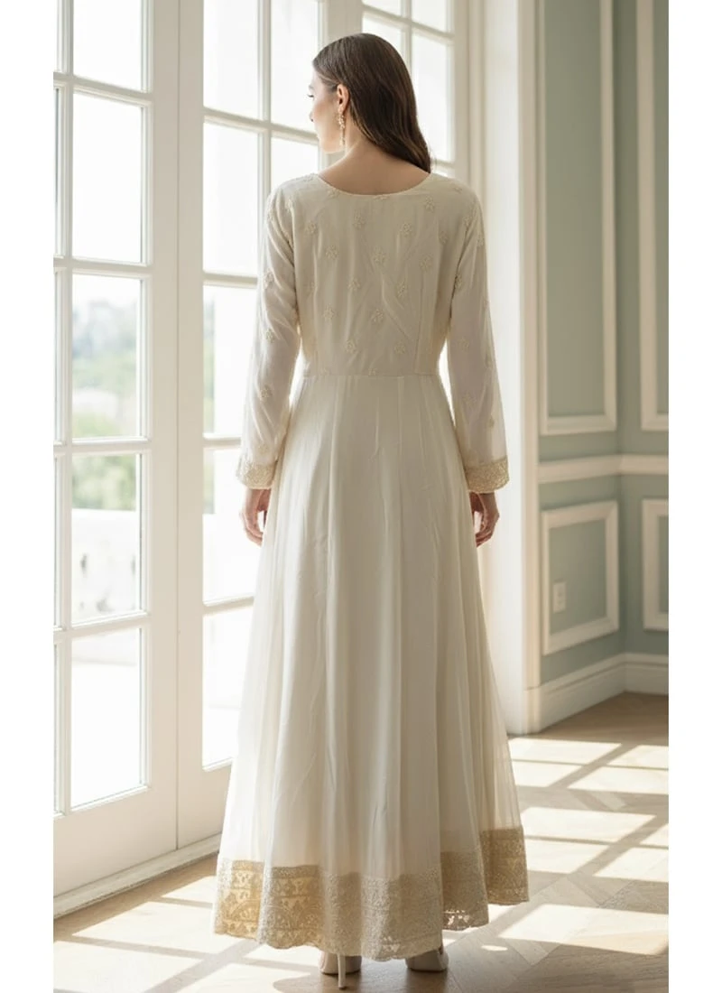 Off White Faux Georgette Embroidered With Beads Gown Party Wear 4 Off White Faux Georgette Embroidered With Beads Gown Party Wear - Image 4