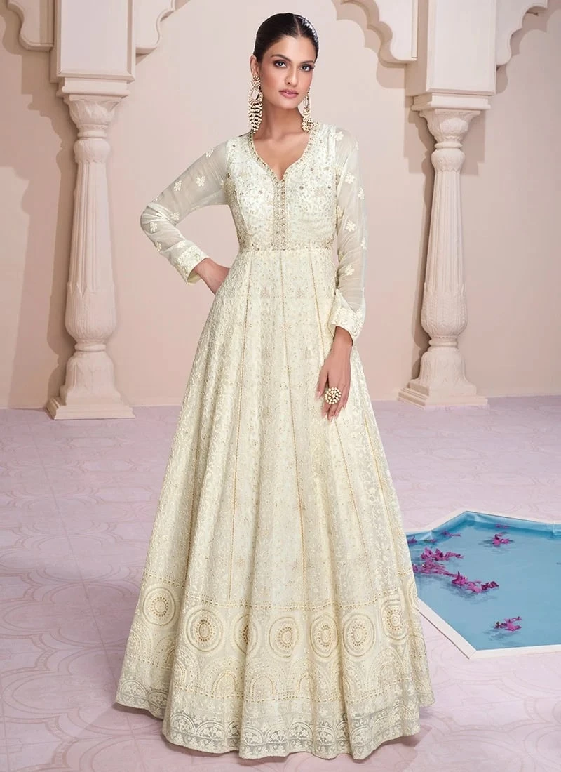 Off White Faux Georgette Embroidered With Beads Gown Party Wear 3 Off White Faux Georgette Embroidered With Beads Gown Party Wear - Image 3