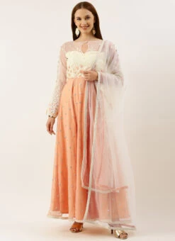 Top From Off White N Peach Embroidered Anarkali Suit After Six Wear -C Bazaar Shop Off white N Peach Embroidered Anarkali Suit SLBS02211071 u