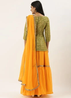 Olive Green Brocade N Yellow Layered Lehenga Set Festive Wear -C Bazaar Shop Olive Green Brocade N Yellow Layered Lehenga Set GHBS02012721 b