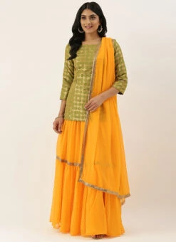 Olive Green Brocade N Yellow Layered Lehenga Set Festive Wear -C Bazaar Shop Olive Green Brocade N Yellow Layered Lehenga Set GHBS02012721 u