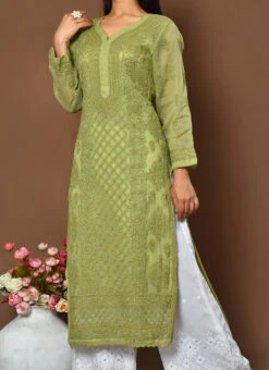Olive Green Chikankari Kota Cotton Palazzo Set Festive Wear
