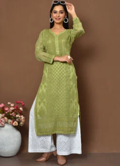 Olive Green Chikankari Kota Cotton Palazzo Set Festive Wear -C Bazaar Shop Olive Green Chikankari Kota Cotton Palazzo Set KRSOAS1366 u