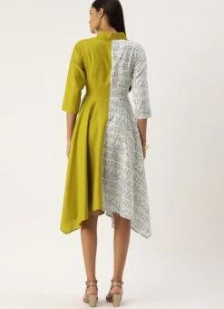 Olive Green N White Asymmetrical Shirt Dress After Six Wear -C Bazaar Shop Olive Green N White Asymmetrical Shirt Dress DRBS02105396 b