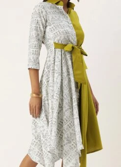 Olive Green N White Asymmetrical Shirt Dress After Six Wear